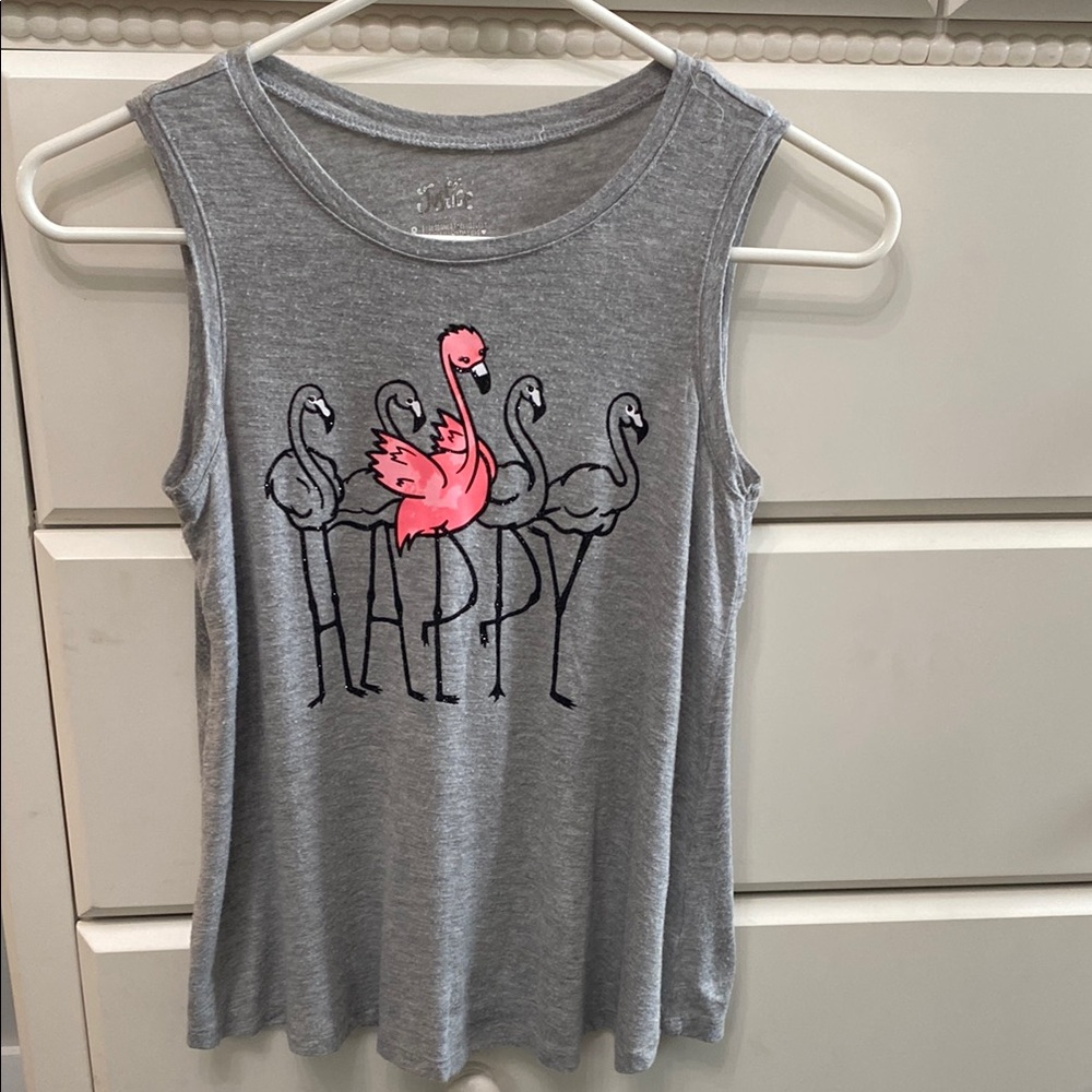 Justice Heather Gray Tank Top “Happy” with Flamingoes. Size 8